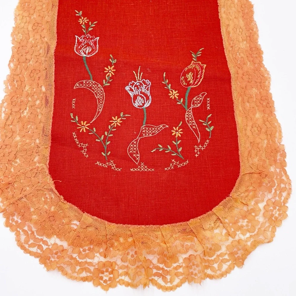 Vintage Hand Embroidered Flowers Lace Trim Table Runner Orange Retro Cottagecore